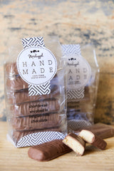 Shortbread Fingers enrobed in Belgian Milk Chocolate, in a packet