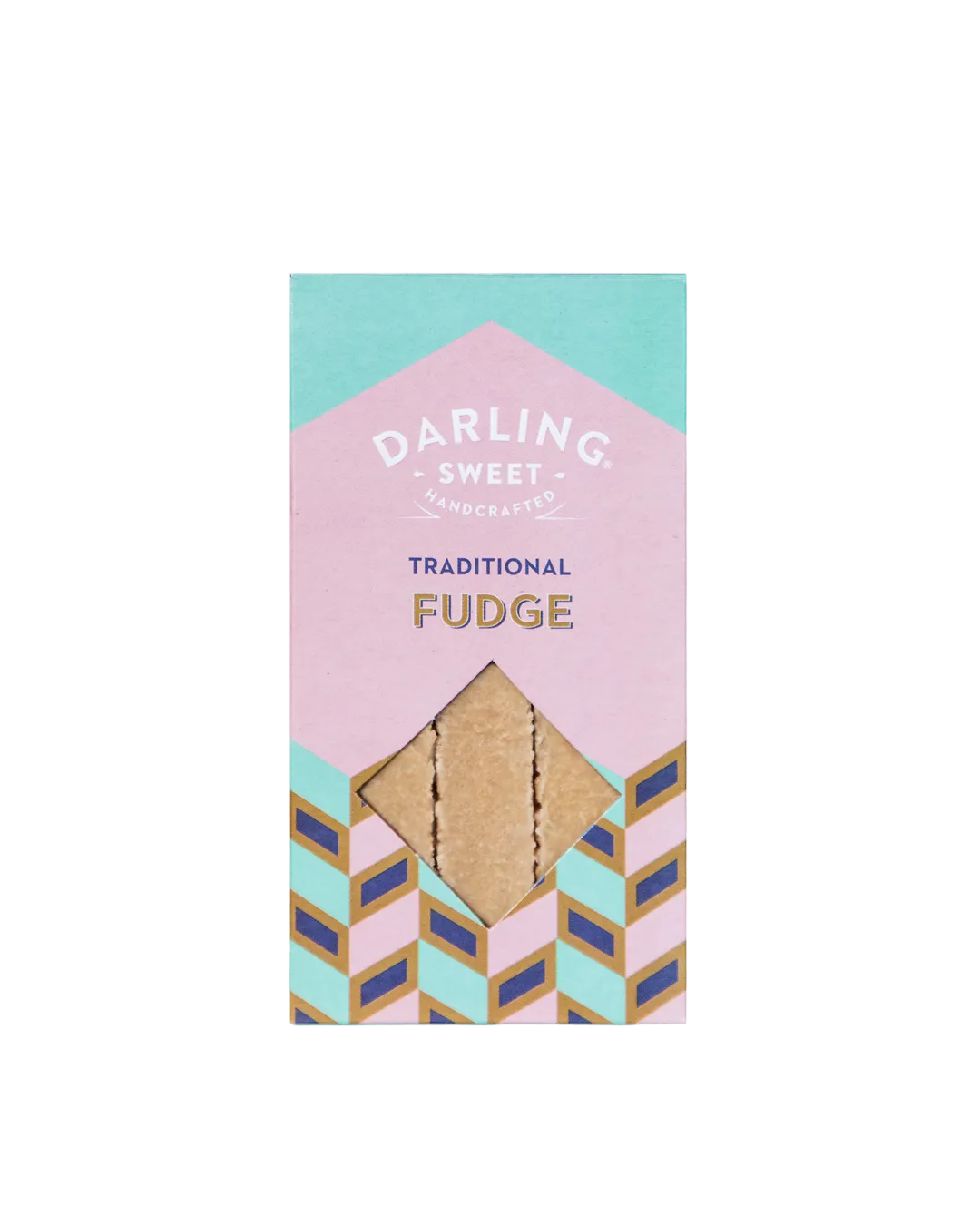 Packaging of Darling Sweet Traditional Fudge with geometric design on a pink and blue background