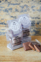 Soft Sticky Toffee Squares enbrobed in Belgian (Callebaut) Milk Chocolate (6 pieces individually flow wrapped & sealed in a bag)